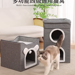 LDECO Foldable Cat House with Scratching Board | Kitten Tunnel Villa | Semi-Enclosed Cat Bed