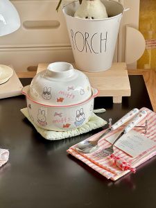 Cute Cartoon Rabbit Ceramic Noodle Bowl Large Capacity Student Dormitory Rice Bowl Lid Included Dual Purpose Dining Utensils