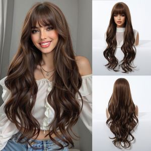 Honey Brown Wavy Wigs For Women With Bangs Super Long Natural Water Wave Synthetic Wig For Women Daily Cosplay Heat Resistant