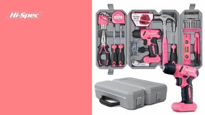 94pcs/set Obeng Listrik 8V Rechargeable – Set Bor Multifungsi Pink + Kotak Alat Rumah Tangga