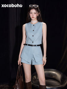 xocoboho | Petite-friendly Elegant Style Blue Sleeveless Shirt and Casual Shorts Set