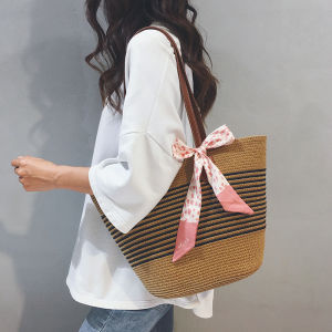 Large Capacity Straw Woven Tote Bag Womens Summer Beachside Single Shoulder Basket Style Handbag Soft Handle Casual Use