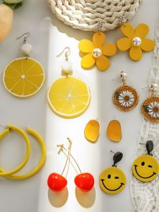 Summer Yellow Long Elegant Womens Earrings French Vintage Style Fashionable Trendy Alloy Fruit Pattern Jewelry Ear Studs
