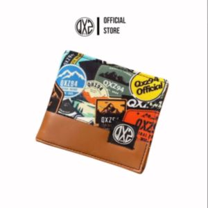 QXZ94 Dompet Pria Kulit Kanvas Full Print Motif Pendek Lipat Kartu Uang Tipis Polos Kombinasi Coklat