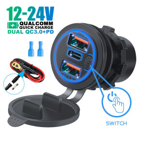 12V/24V Triple Aluminum Metal Multiple Car Charger Socket with 60W USB-C and PD3.0 / Two QC3.0 Ports with Touch Switch Fast Car Adapter