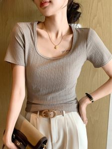 MiiOW | Áo thun nữ màu xanh lam mùa hè cổ vuông tay ngắn dáng ôm vừa vặn chất liệu lụa lạnh Áo thun cơ bản bên trong