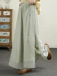 QIANQIUFEIYAN | National Style Tassel Embroidered Wide Leg Pants with Lining and Side Slit