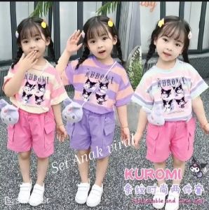 Setelan Anak Perempuan Kuromi Salur Lengan Pendek - Baju dan Celana Pinggang Elastis