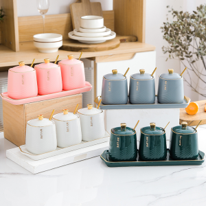 High-End Luxury Ceramic Kitchen Seasoning Jar Set Home Use Flavoring Sugar Monosodium Glutamate Salt Multi-Function Kit