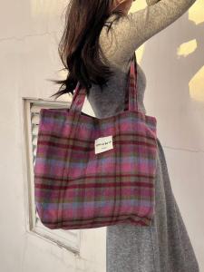 2024 Fall and Winter New Arrival Retro Woolen Check Pattern Shoulder Bag Large Capacity Canvas Bag Commuter Hand-Carrying Bag French Cloth Bag