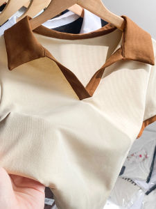 Summer Ladies Brown V-Neck Short Sleeve Polo Shirt T-Shirt Unique Design Top Pure Cotton Trendy Brand Body Shirt Classic Solid Color Korean Style