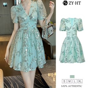 ZYHT ชุดเดรสผู้หญิงชุดเดรสสีเขียว A-Shape ชุดเดรสกระโปรงผ้าโปร่งใส่ไปทำงานชุดเดรสแต่งงานชุดเดรสปาร์ตี้ชุดราตรี65078