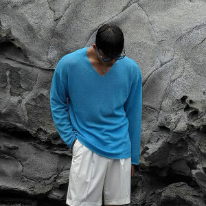 DAVID&ME | Breathable V-Neck Klein Blue Knit T-shirt Spring/Summer Loose Fit