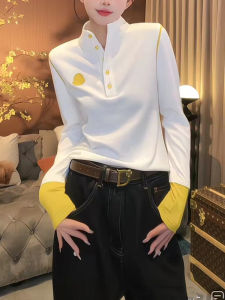 Áo Thun Dài Tay Cổ Đứng Màu Tương Phản Thời Trang Thu Đông Cho Nữ Áo Lót Cotton Pha Trộn Dáng Rộng Thoải Mái Mặc Thường Ngày