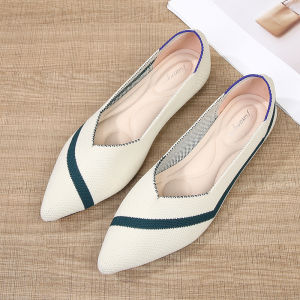 Soft Bottom Knitted Canvas Pointed Toe Flat Shoes Breathable Mesh Womens Fashion Single Shoes Comfortable All Day Wear