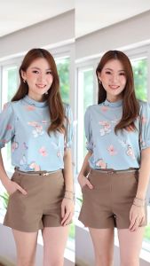 product: MT0732 Floral Band Collar Puff Sleeve Blouse by Narinari เสื้อทำงาน ชุดเหรียญดวงพญายนตาเครื่องของนารินรี