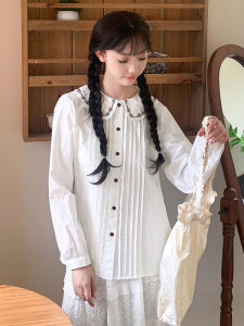 เสื้อเชิ้ตคอปกตุ๊กตาแขนยาวสีขาวสำหรับผู้หญิง ฤดูใบไม้ผลิและฤดูใบไม้ร่วง สไตล์หวานๆ คอปกตุ๊กตา ผ้าฝ้าย 100%