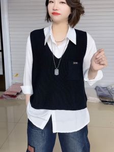 Idle Style Bandage Dress Outer Wear Loose-Fitting Vest Western Style Waistcoat V Neck Labeling Vest + Long Sleeves Korean Style White Shirt for Women
