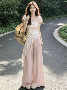 SUSIEYUAN | Youthful Pink Wide Leg Pants Set for Petite Women Summer