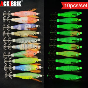 10pcs/set Luminous Squid Jigs Fishing Lure 8cm Glow in Dark Wood Shrimp Egi Bait Set 10 Colors Cuttlefish Octopus Tackle Hooks