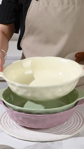 Cabify Ceramic Large Macaron Color Ceramic Petal Shape Double Handle Soup Bowl Serving Bowl Microwave Safe Tableware
