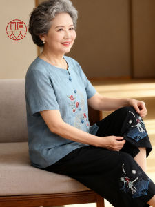 Middle-Aged and Elderly Womens Summer Suit Grandma Short Sleeve T-Shirt Ladieswear Summer Cotton Linen Tops Women Clothes Pure Cotton