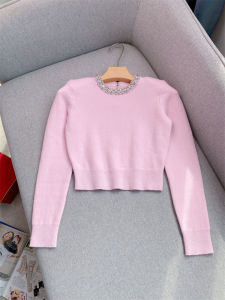 Áo Len Dệt Kim Cổ Tròn Kiểu Pháp Pha Lê Ba Màu Cao Cấp Dành Cho Nữ Quần Len Nửa Thân Màu Xám Áo Len Cổ Tròn Dài Tay Thường