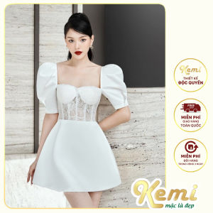 Đầm váy nữ Tafta cổ vuông tay bồng phối eo ren xương cá Kemi thiết kế