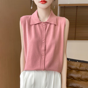 Stylish Early Autumn Sleeveless Polo Collar Knitted Woolen Vest Womens Fashionable Base Layer Shirt No Armholes Regular Length