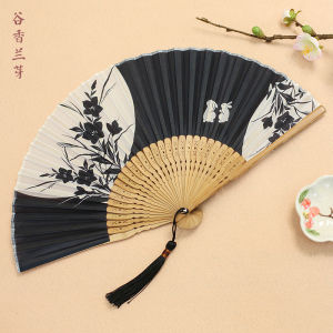 Portable Silk Fan for Women Summer Green Folding Fan Matched with Qipao Handmade Bamboo Frame Mini Fresh Style Home Use