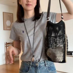 Gray Embroidered Loose Casual Short Sleeve round Neck T-Shirt Versatile Fashionable Top for Summer by Weitu Mo 2025 New Arrival