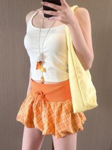 Váy Ngắn Kẻ Caro Màu Cam Họa Tiết Hoa Thắt Lưng Cho Nữ Mùa Hè Phong Cách Dopa Váy Ngắn Chữ a Cạp Cao Dáng Rộng