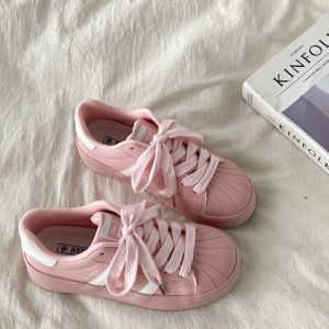 Đế Dày Màu Hồng Vỏ Lớp Ngoài Đầu Thoải Mái Giày Nữ Mùa Xuân Mùa Thu Đa Năng Đơn Giản Trắng Giày Sinh Viên Phong Cách Riêng Biệt Giày Thể Thao Giải Trí