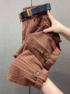 ฤดูใบไม้ร่วง แฟชั่น ลำลอง ลายทาง หลวม เอวยืดหยุ่น ผู้หญิง กางเกงฮาร์ลานสูง เอว หลากหลาย พรางหุ่น ชุดทํางาน กางเกงขายาว