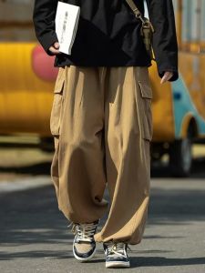 Casual Cityboy Pants for Men High Street Oversize Khaki Wide Leg Cargo Trousers Trendy Youth Popular Winter Thickened Fleece Lined