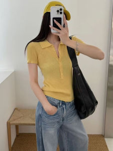 YUEZHONGWEI | American Style Polo Neck Ice Silk Knitted Short Sleeve T-Shirt Women Summer Slim Fit Short Style Turn-down Collar Top