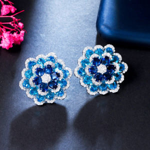 SEQUITO Exquisite Mix Pave AAA Light Dark Blue Cubic Zirconia Crystal White Gold Plated 3D Flower Design Big Stud Earrings Lady Delicate Evening Party Jewelry SE650