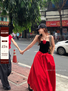 Red Butterfly Knot Waist Cinching Maxi Skirt Womens Summer Design Sense Umbrella Skirt A-Line Midi Skirt Polyester Fiber