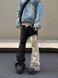 Retro American High Street Mens Jeans with Sash Color Block Straight Leg Micro Flared Denim Casual Wear Resistant And Wearable