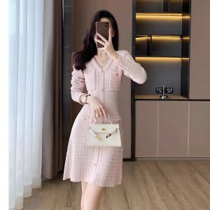 Elegant French Style Knitted Dress V-Neck Slimming A-Line Silhouette High Waist Cotton Soft High Elasticity Autumn Winter New Arrival