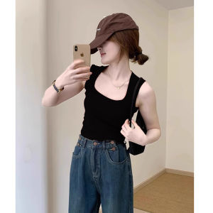 Black One-Piece Womens Tank Top with Chest Pad Summer Backless Strap Vest Inner Wear Bra Base Layer Workwear Straight Cut