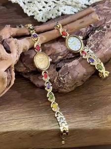 Exquisite Ladies Watch with Oval Gemstone and Diamond Inlay Compact vintage rainbow Womens Watch