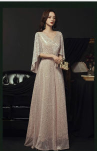 Elegant Long Dress Shiny Sequins Heavy Embroidery V-Neck Waist Cinching Slimming Effect Full Skirt mid Sleeve Zipper Closure