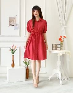 HelloShop-Dress Casual Wanita Special Natal Dan Imlek Maroon Dress Serut Mindy Midi Polos Dress Remaja Abg Dewasa