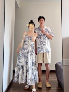 Couple Matching Summer Water-Media Print Beach Vacation Style Casual Beach Shirt Dress Long Sleeveless A-Line Gown Polyester Fiber