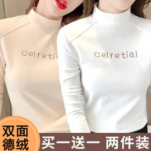 ชุดเดี่ยว/สองชิ้นเสื้อตัวในบุขนกำมะหยี่สองด้านกันหนาวสำหรับฤดูใบไม้ร่วงและฤดูหนาวเสื้อท่อนบนเสื้อยืดแขนยาวคอกึ่งสูงเข้ารูปแมทช์ลุคง่ายสำหรับผู้หญิง