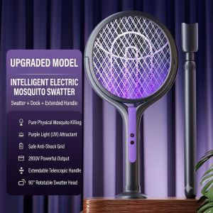 Electric Mosquito Swatter Telescopic Fly Swatter Racket 90° Rotatable 2800V Bug Zapper Rechargeable Purple Light Lamp Home Wall
