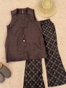 Korean OOTD Wealthy Style Beige Linen Sleeveless Top Printed Trousers Set