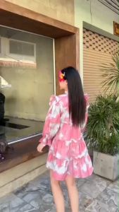 P21511 เดรสคอระบายลายหินอ่อนกระโปรงระบาย 3 ชั้น