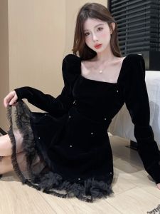 GUZILIAN | Velvet Bubble Sleeve Short Dress Womens Winter New Style Hepburn Style Black Dress Lace Splicing Iron Diamond Skirt Commute Korean Version